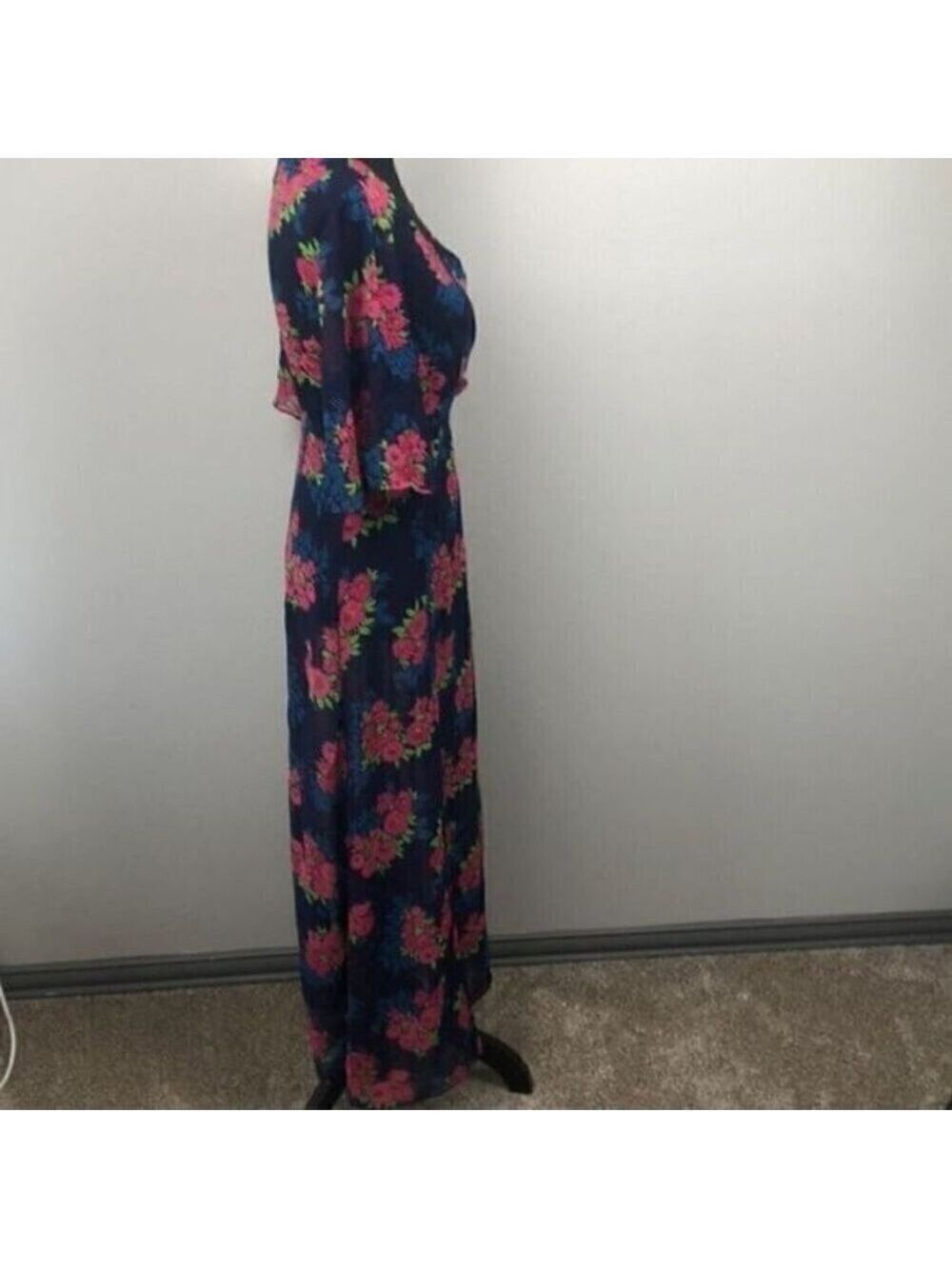 Zara Blue Maxi Wrap Dress Sheer Floral Chiffon V-Neck Short Flutter Sleeve S - Picture 11 of 15